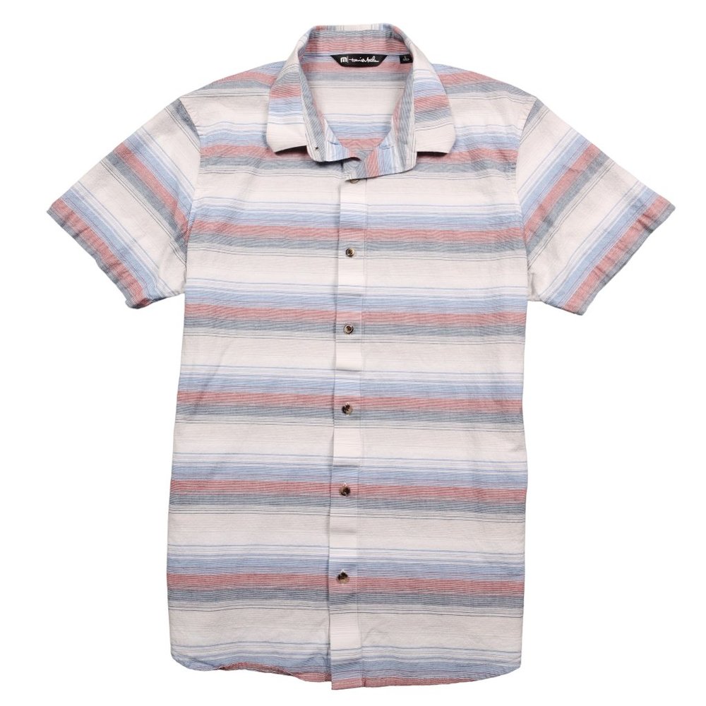 Travis Mathew Short Sleeve Button Up Shirt Mens Size Large White Red Blue Gray